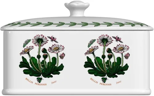 Portmeirion Botanic Garden - Mantequillera de 6 pulgadas con tapa de perilla, varios motivos florales, plato de mantequilla de porcelana,