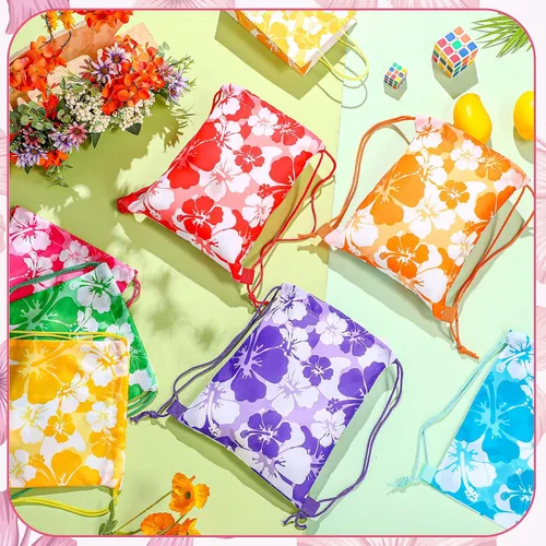 Miniatura 4 de Teling - 14 mochilas de hibisco, bolsas de recuerdos de fiesta con temática hawaiana con cordón Tiki Luau Treat Hawaii, bolsa de regalo tropical