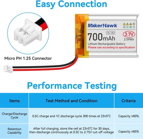 Miniatura 3 de MakerHawk Batería Lipo de 3,7 V 700 mAh Batería recargable de polímero de litio 603040 Micro Ph1.25 Conector Circuito de protección integrado