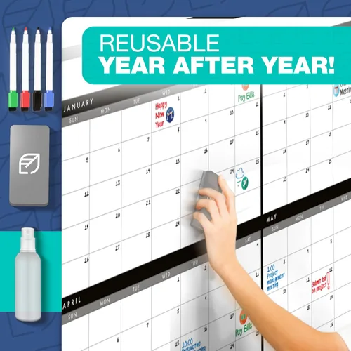 Miniatura 5 de Calendario grande de borrado en seco para pared, 38 x 68 pulgadas, sin fecha, anual, reutilizable, año completo de 12 meses, incluye marcadores
