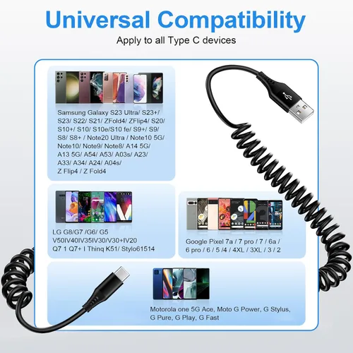 Miniatura 7 de Cable USB C a USB, Android Auto de 3 pies + 5 pies en espiral para automóvil, cable retráctil de carga rápida tipo C para Samsung Galaxy S26 Ultra