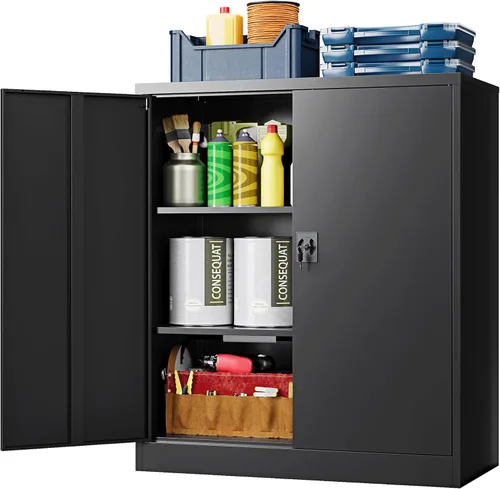 Miniatura 35 de Armario de almacenamiento de metal, archivador alto con 2 estantes ajustables y cajón, gabinete de herramientas de acero con cerradura para oficina