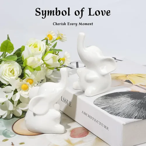 Miniatura 5 de Loving Pair - Juego de figuras de elefante blanco de cerámica, pequeña estatua de elefante para estantería, escritorio, decoración del hogar, regalo