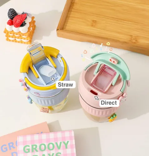 Miniatura 4 de Taza de viaje Kawaii con calcomanías 3D, doble modo de beber con pajilla, taza de viaje portátil a prueba de derrames con asa para café, té, leche
