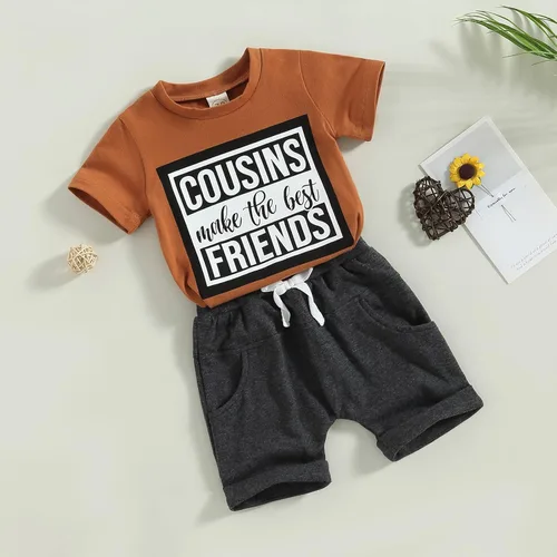 Miniatura 76 de Conjunto de traje de verano para bebé niño pequeño, manga corta, cuello redondo, letras impresas, lindo traje de verano, conjunto de 2 piezas