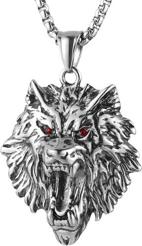 HZMAN Norse Viking Wolf Necklace for Men Boys Stainless Steel Gothic Punk Fenrir Wolf Head Animal Pendant Jewelry Gift
