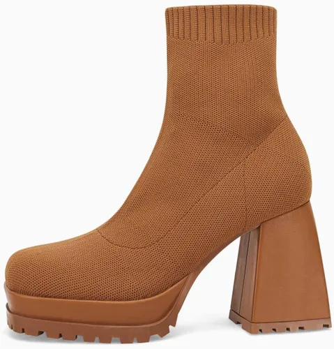 Miniatura 5 de Botines de plataforma para mujer, con punta cuadrada, tacón grueso, de bloque elástico, de punto sin cordones