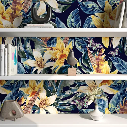 Miniatura 6 de FunStick Papel tapiz floral azul marino oscuro de 17.5 x 354 pulgadas, despegar y pegar, papel tapiz vintage extraíble, hojas adhesivas, papel
