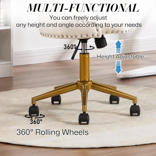 Miniatura 4 de Silla de escritorio de terciopelo sin brazos para oficina en casa, silla giratoria con altura ajustable, pequeña y linda silla de tocador para Beige