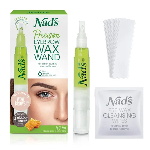 Juego de depilación de cejas Nad's - Depilación facial para cejas y áreas delicadas - Tiras de algodón, toallitas de limpieza, 0.2 onzas (Paquete de