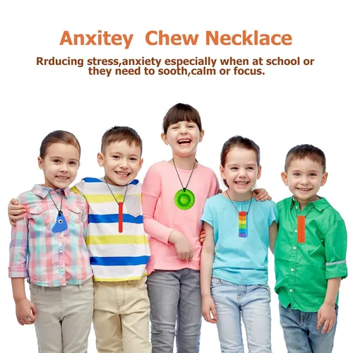 Miniatura 5 de Collares masticables para niños sensoriales, paquete de 5 juguetes sensoriales de silicona para masticar, collar masticable multiestilo, ayuda