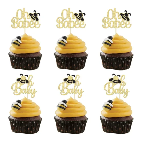 Gyufise 24 piezas de adornos para cupcakes de abeja con purpurina dorada, adornos dorados para pasteles Oh Baby, adornos para cupcakes Oh Babee,