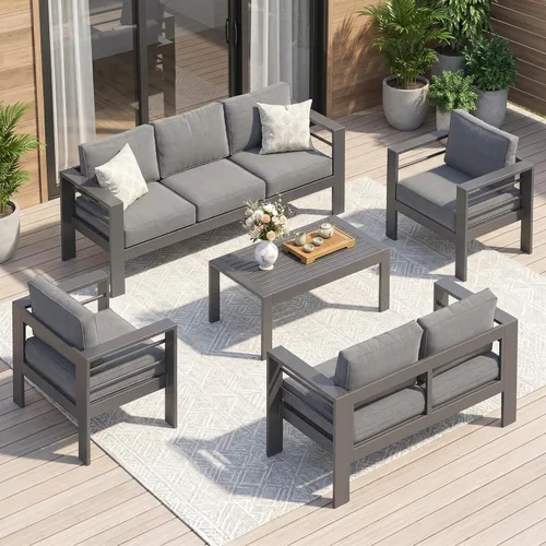 Miniatura 39 de Solaste Aluminum Patio Sofa with Coffee Table,3 PCS Patio Furniture Set with Cushions, All-Weather Outdoor Sofa for Balcony, Deck, Backyard, Porch