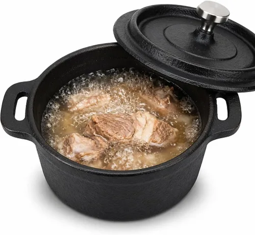 Olla de hierro fundido, olla de horno holandés con tapa, olla para servir, horno holandés con doble asa, horno holandés para hornear pan y cocinar