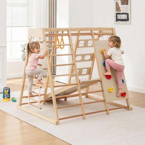 Miniatura 12 de KEIKI 9-in-1 Foldable Wooden Kids Climbing Frame with Slide Swing Monkey Bars Rock Wall Abacus, Indoor Outdoor Playground Set, Montessori Play Gym