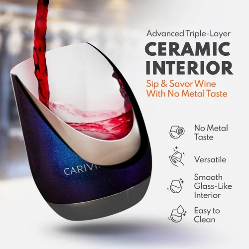 Miniatura 3 de Carivino Vaso de vino de lujo con interior de cerámica, base de corcho genuino y tapa Tritan, aislamiento al vacío de acero inoxidable avanzado