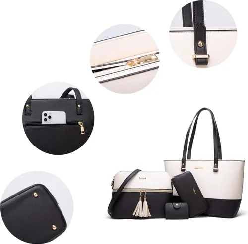 Miniatura 151 de Juego de 4 bolsas modernos para mujer de cuero sintético: bolso tote, bolso de hombro, bolso de mano y cartera.