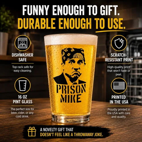 Miniatura 4 de Prison Mike - Vaso de cerveza divertido – The Office Merchandise – 16 onzas, resistente a los arañazos, regalo perfecto, regalos de broma