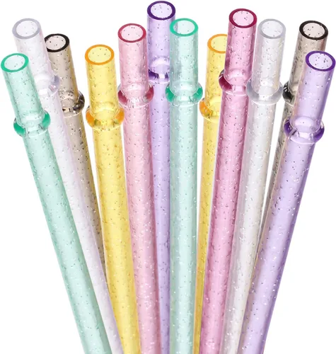 Miniatura 17 de Dakoufish Sin BPA 12 Piezas Pajitas Reutilizables de Plástico Transparente con Purpurina de 11 Pulgadas Más un Cepillo de Limpieza