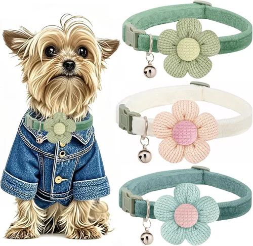Miniatura 12 de Collar para perros pequeños con flor, Collares para cachorros XS, Collares para perros pequeños con campana para niña niño perrito pequeño (Rosa)