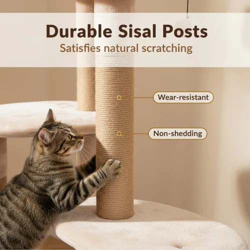 Miniatura 4 de Tangkula Árbol moderno para gatos, torre para gatos de 65 pulgadas de alto con postes rascadores de yute, bolas colgantes, cesta de espadaña