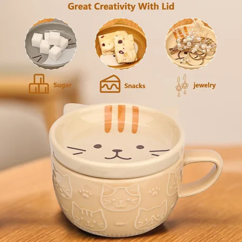Miniatura 3 de Linda Taza de Café de Cerámica con Gato con Tapa, Tazas de Café Kawaii o Tazas de Té para Amantes de los Gatos, Divertidos Tazones de Desayuno