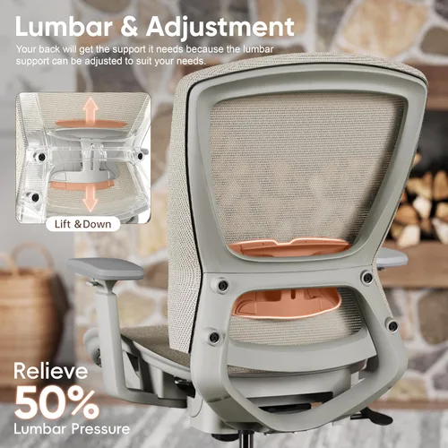 Miniatura 5 de ELABEST Silla de oficina de malla, silla ergonómica de escritorio para computadora, silla de tareas resistente, soporte lumbar ajustable y Beige