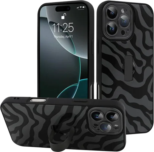 Miniatura 114 de Funda diseñada para iPhone 17 Pro Max con soporte plegable y correa para dedos, bonito patrón de lazo de corazón de flor rosa para mujeres y niñas