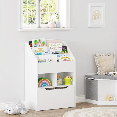 Miniatura 9 de UTEX Estantería para niños con caja de juguetes móvil, estante para libros y almacenamiento de juguetes, estante de exhibición de libros para niños