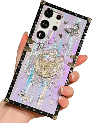 Miniatura 33 de Bonita funda compatible con Samsung Galaxy S22 Ultra, soporte plegable de lujo con diseño de mariposa brillante para mujeres y niñas, funda Blanco
