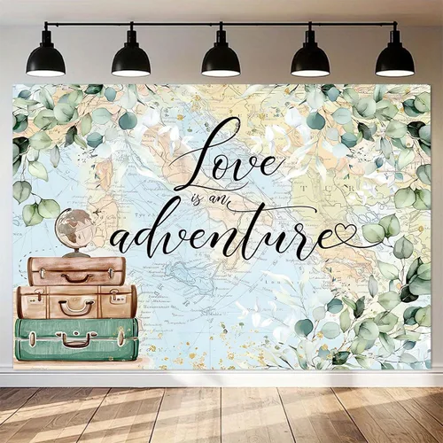 Love is an Adventure telón de fondo para fotografía Let The Adventure Begin, fondo temático de viaje, baby shower, despedida de soltera, decoración