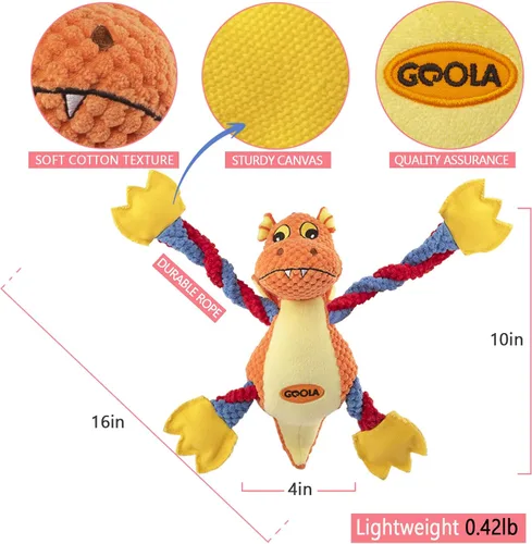 Miniatura 6 de GOOLA Juguetes Chirriantes para Perros, Lindo Dragón Interactivo de Peluche Relleno con 5 Chirriadores y Papel Arrugado, Juguete Masticable