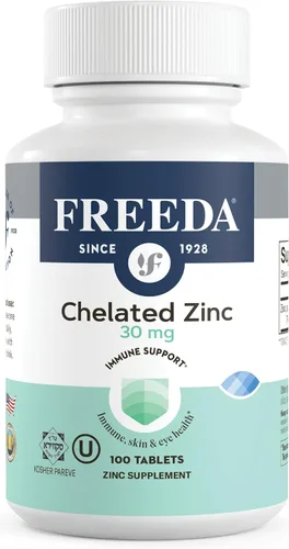 Freeda Zinc quelado 30 mg – TRAACS® Bisglicinato de zinc para alta absorción – Vegano, Kosher, suave para el estómago – Apoyo inmunológico para