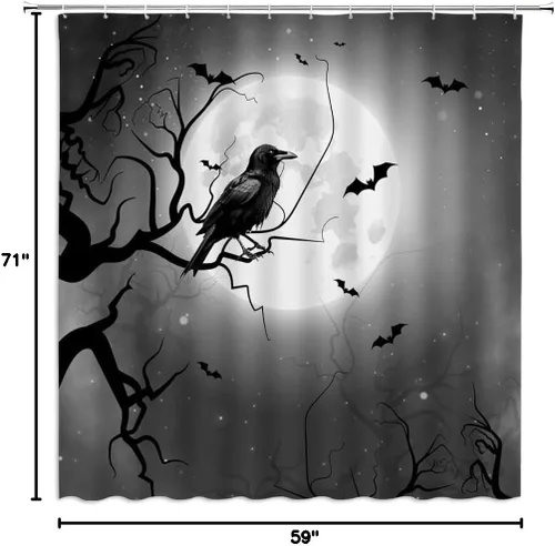 Miniatura 8 de Cortina de ducha de cuervo de Halloween, diseño gótico de cuervo, murciélagos, luna llena, árbol muerto, horror, día de los muertos, espeluznante