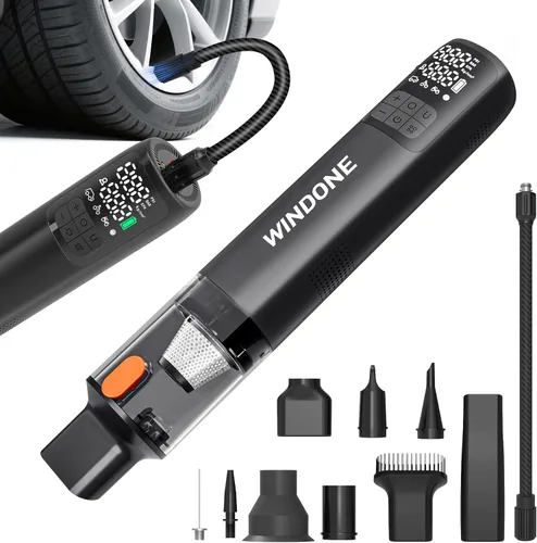 Windone Aspiradora para automóvil, limpiador 2 en 1 de 12000 Pa e inflador de neumáticos de 150 PSI, motor sin escobillas de 60 W, aspiradora de