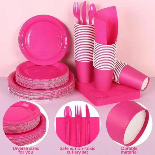 Miniatura 3 de durony Juego de vajilla de papel rosa intenso de 350 piezas de 7 pulgadas y 9 pulgadas, platos desechables para 50 invitados, vasos de papel, Rosa