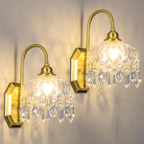 Juego de dos apliques de pared vintage, aplique de pared de cristal de vidrio, acabado de latón antiguo cepillado mate para decoración de Paquete de