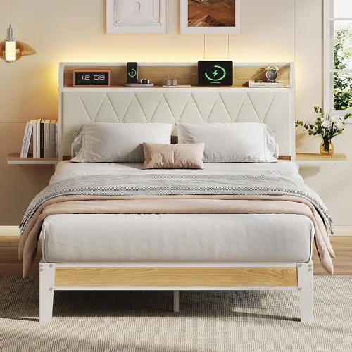 Miniatura 12 de WLIVE Base de cama individual con cabecero, base de cama tapizada con 2 estantes de almacenamiento, cama de plataforma con luces LED y estación