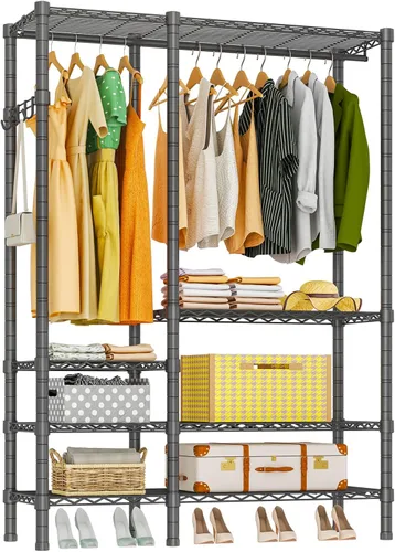 Miniatura 15 de Perchero de ropa resistente, perchero portátil para armario, estante de ropa ajustable independiente con 7 niveles de estantería de alambre Negro