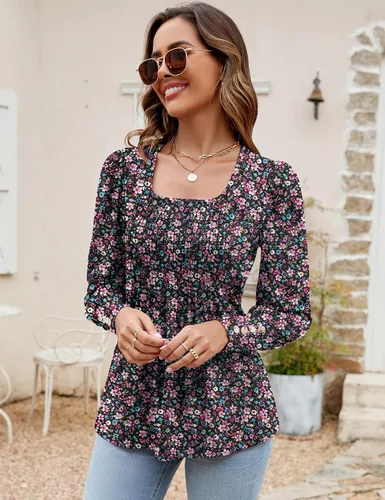 Miniatura 3 de ZHENWEI Blusa tipo túnica con cuello cuadrado para mujer, manga larga, plisada, holgada, con puños con botones, blusa casual de moda