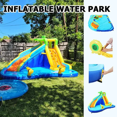 Miniatura 4 de AKEYDIY Toboganes acuáticos inflables, 8 en 1 estilo cocodrilo al aire libre parque acuático inflable con escalada, borde de baloncesto, piscina