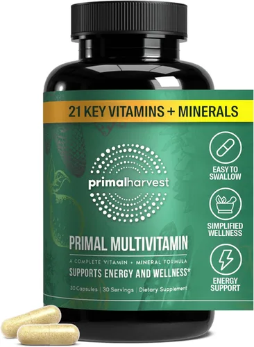 Primal Harvest Primal Multivitamin - Suplemento diario multivitamínico con 21 vitaminas y minerales esenciales para mujeres y hombres, vitamina A,