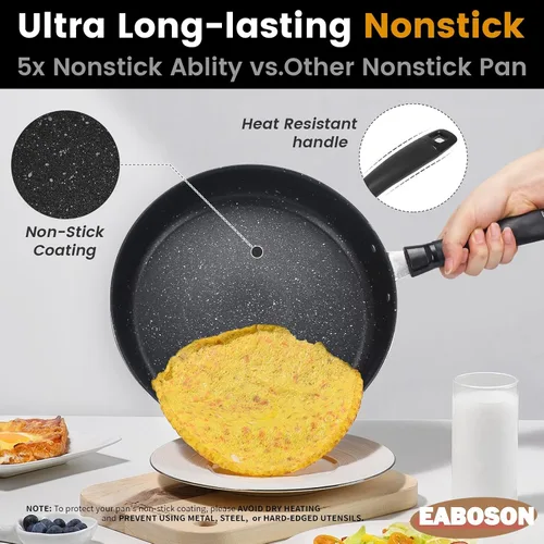 Miniatura 7 de Sartén antiadherente de 3 piezas, utensilios de cocina con revestimiento de piedra, sartén para tortilla de huevos de 9, 10 y 11 pulgadas con mango