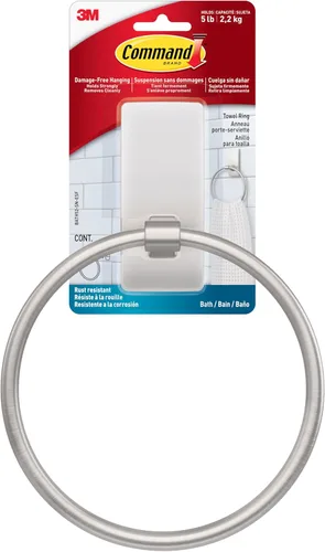 Command Toallero de mano de níquel satinado con tiras Command resistentes al agua, organizador de baño resistente a la corrosión, soporta hasta 5