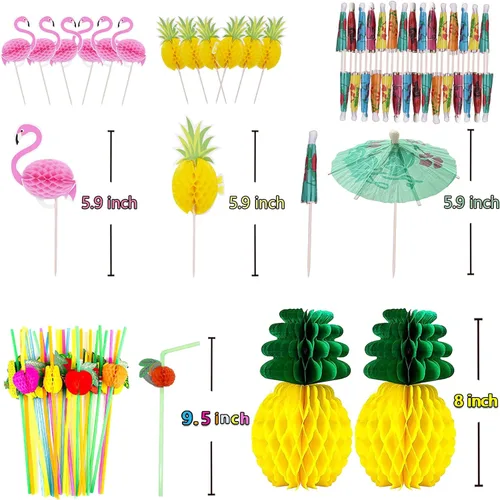 Miniatura 5 de JOPHMO Paquete de decoración de fiesta tropical Luau hawaiana temática de playa, suministros de fiesta Luau (112 piezas) incluyendo pancarta, falda