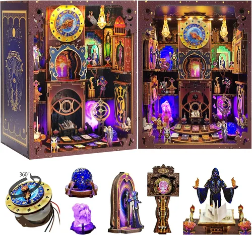 Miniatura 10 de Kit de rincón de libro de música para bricolaje, rompecabezas de madera 3D para adultos y adolescentes, estante de libro en miniatura con luz LED