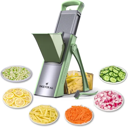 ONCE FOR ALL - Mandolina segura y mejorada plus, cortador/picador ajustable de alimentos y verduras, cortador de papas fritas, hoja desmontable,