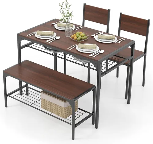 Miniatura 11 de COSTWAY Juego de mesa de comedor de 4 piezas, mesa de cocina y 2 sillas para 4 con banco, estantes de almacenamiento, marco de metal y diseño que