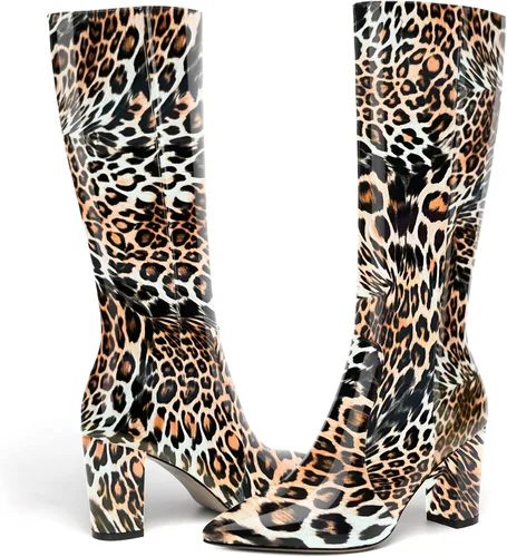 Miniatura 188 de AMBELIGHT Botas altas hasta la rodilla con cremallera y puntera puntiaguda para mujer, de patente sólida, tacón alto, 3.3 pulgadas
