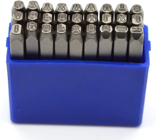 Miniatura 9 de Juego de 27 sellos de acero resistente con letras mayúsculas de 3/64" 1mm, kit de punzones de alfabeto para estampado a mano de caracteres, código